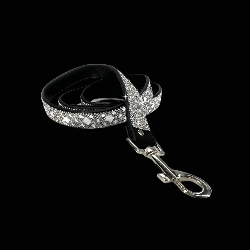 Black dog leash with silver bling and metal clip on a black background