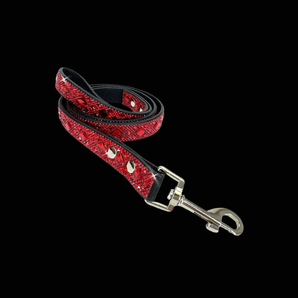 Dog leash with red gemstones and black strap on a black background