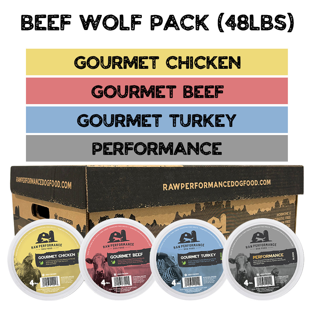 Dog food packaging with labels for Gourmet Chicken, Gourmet Beef, Gourmet Turkey, and Performance, along with a box labeled 'Raw Performance Dog Food'.