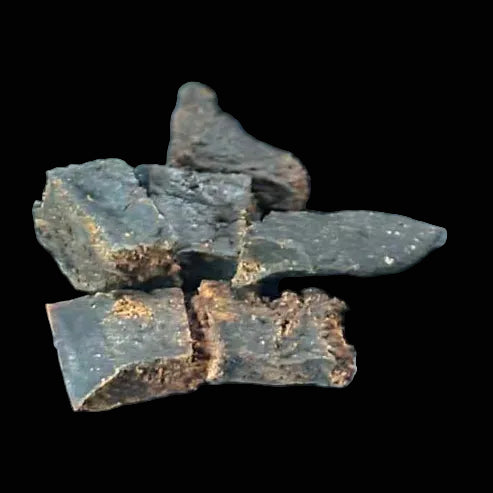 Dark brown pieces of a natural product on a reflective surface
