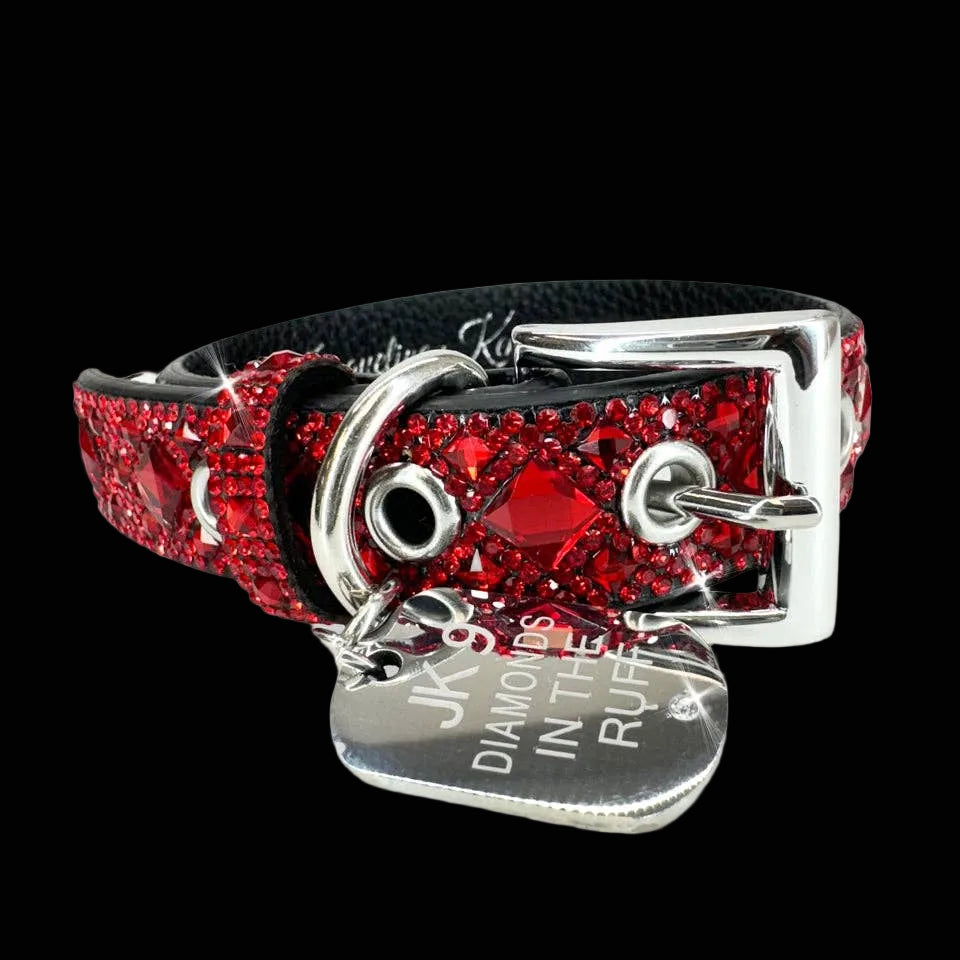 Red rhinestone dog collar with silver buckle and tag on a black background