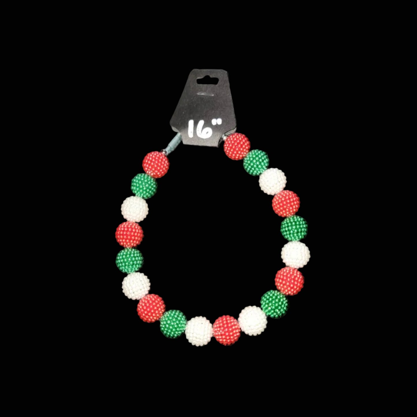 Colorful beaded necklace with a size tag on a gray background