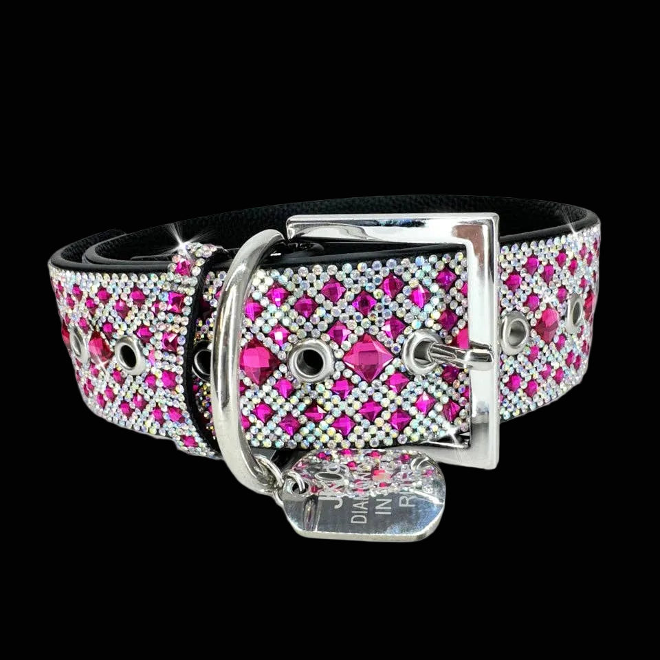 Dog collar with pink and clear gemstones on a black background