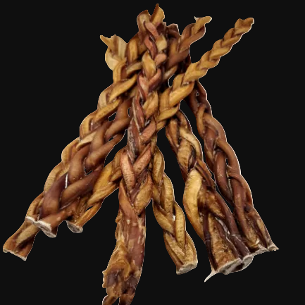 A pile of natural braided dog chew treats, showing twisted cords of brown and tan dog chow on a solid white background.