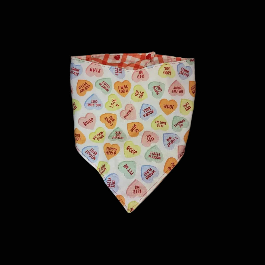 Dog bandana with colorful text pattern on a white background