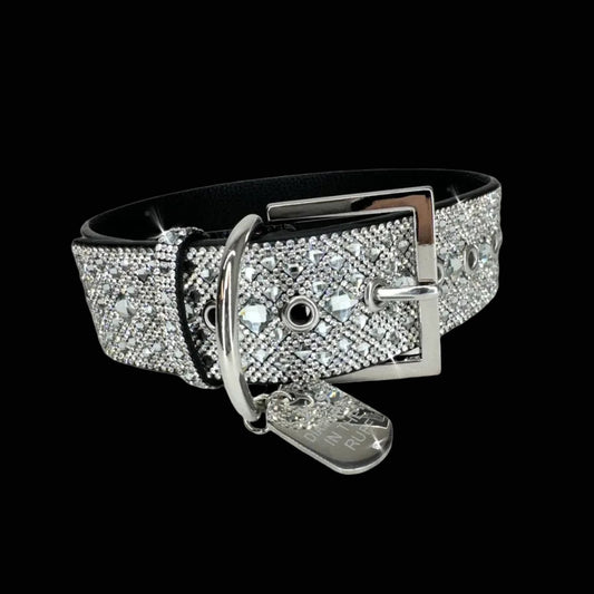 Black dog collar with silver buckle and crystal embellishments on a black background