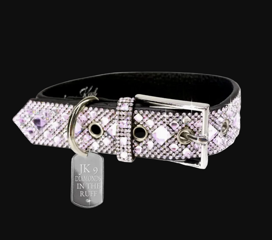 Dog collar with pink gemstones and a tag on a white background