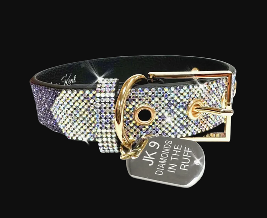 Decorative dog collar with rhinestones and a gold buckle on a black background