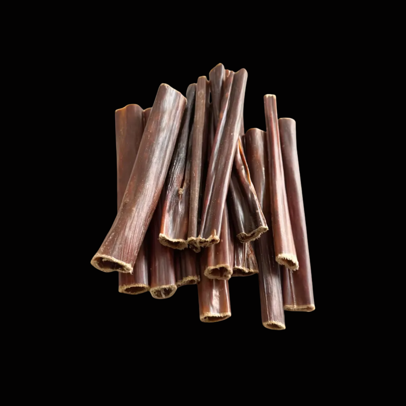 Stack of brown dog chew sticks on a white background
