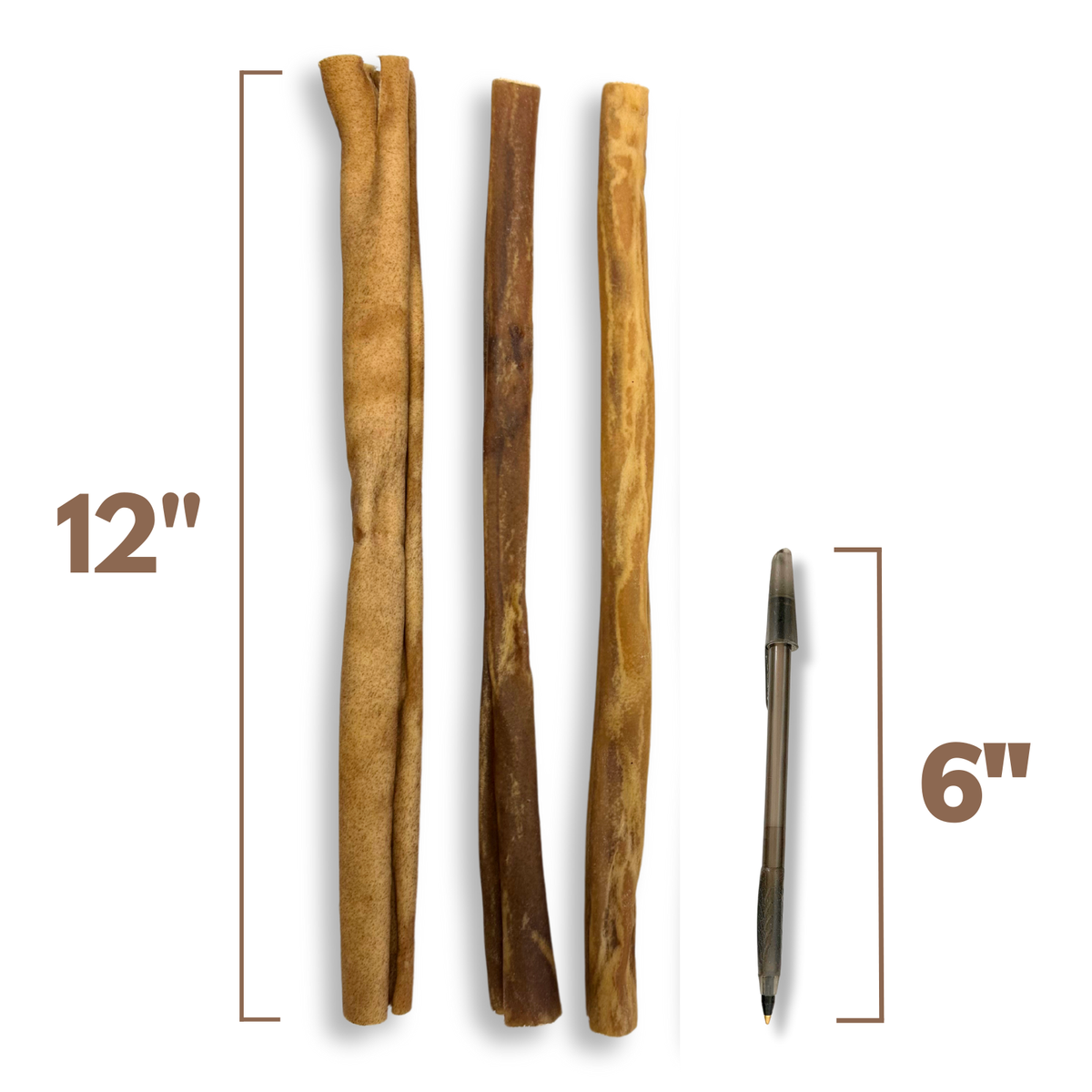 Three collagen sticks with measurements on a white background